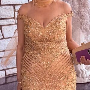 Gold Sequin Embellished Sleeveless Gown